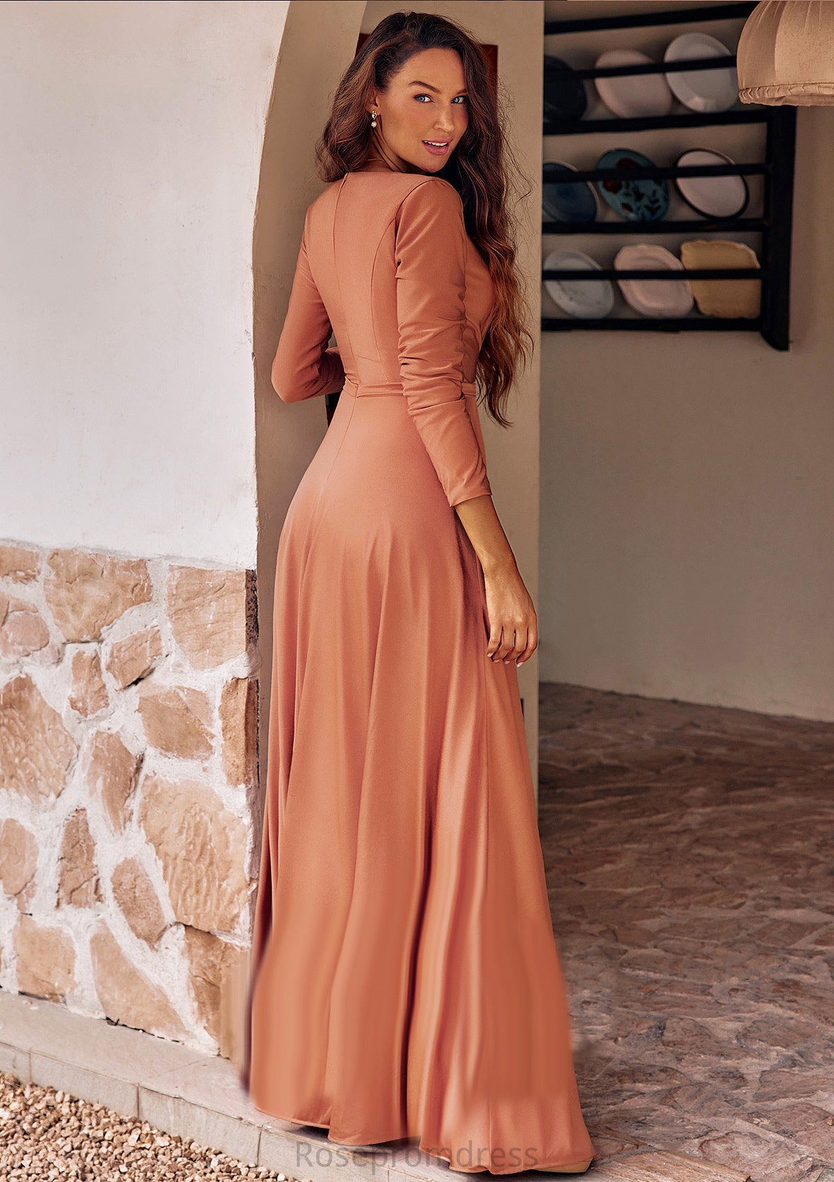 A-line V Neck Full/Long Sleeve Floor-Length Jersey Bridesmaid Dresses with Pleated Sashes Meadow SRSP0025246