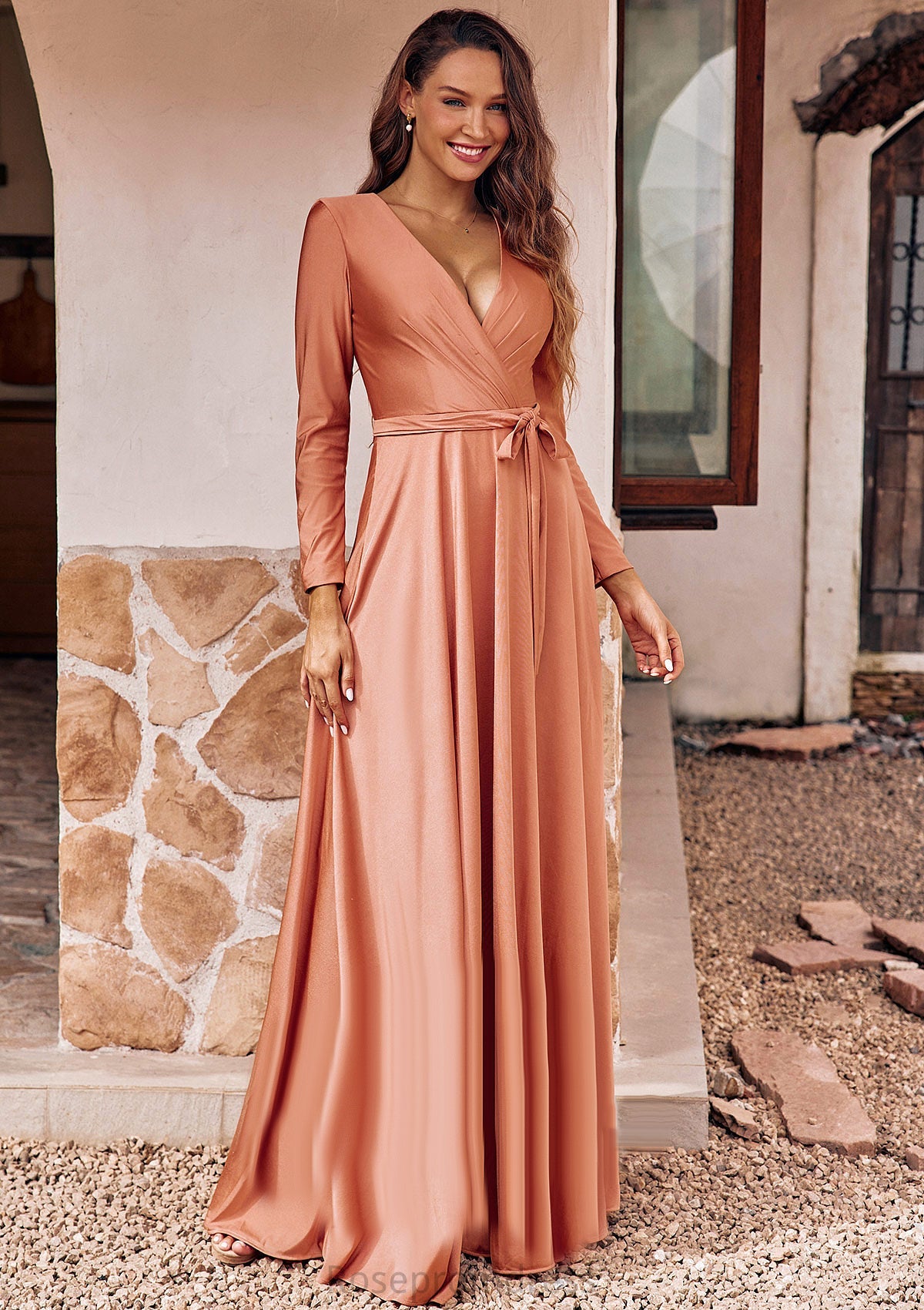 A-line V Neck Full/Long Sleeve Floor-Length Jersey Bridesmaid Dresses with Pleated Sashes Meadow SRSP0025246