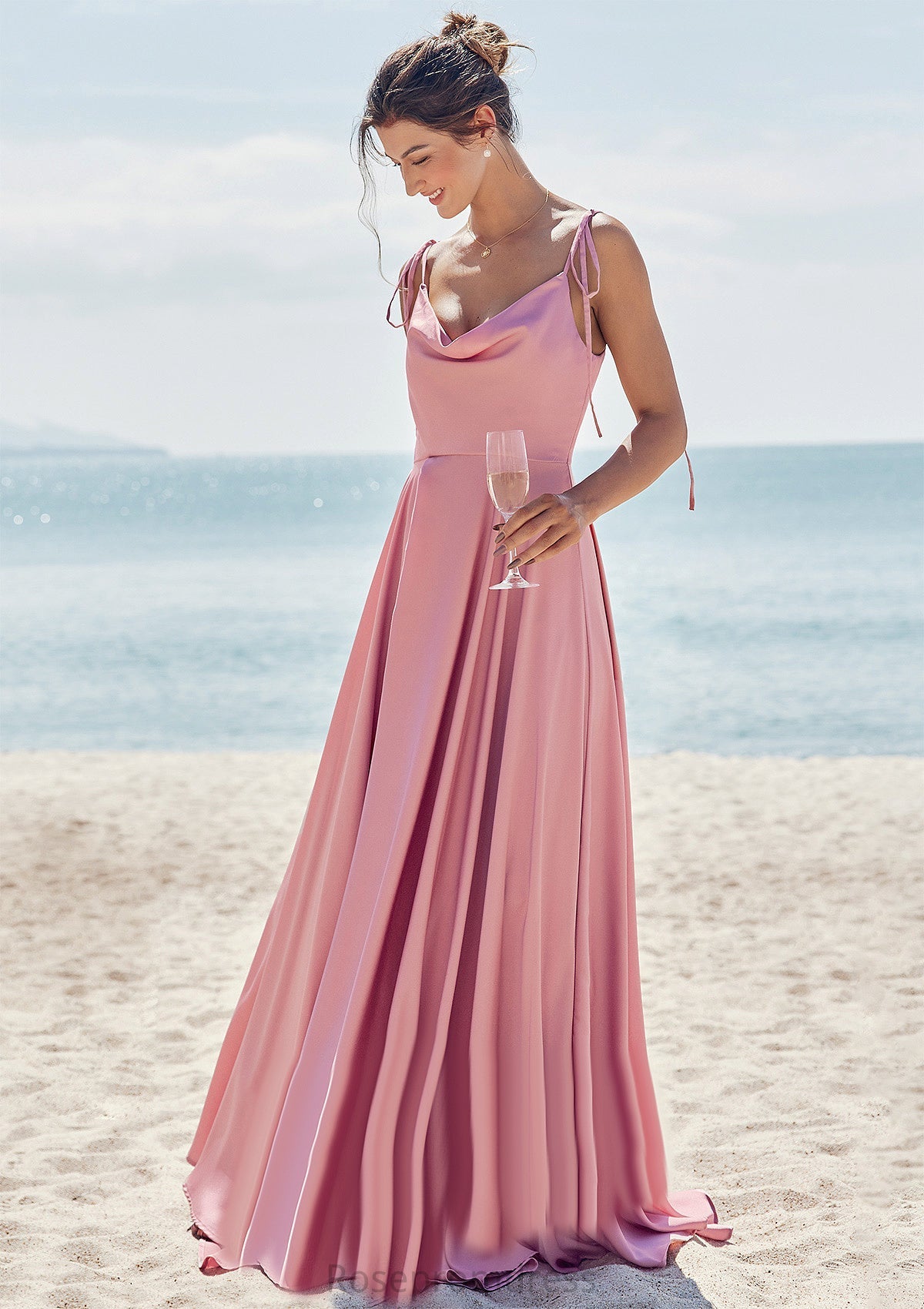 A-line V Neck Sleeveless Floor-Length Stretch Satin Bridesmaid Dresses with Split Liliana SRSP0025247