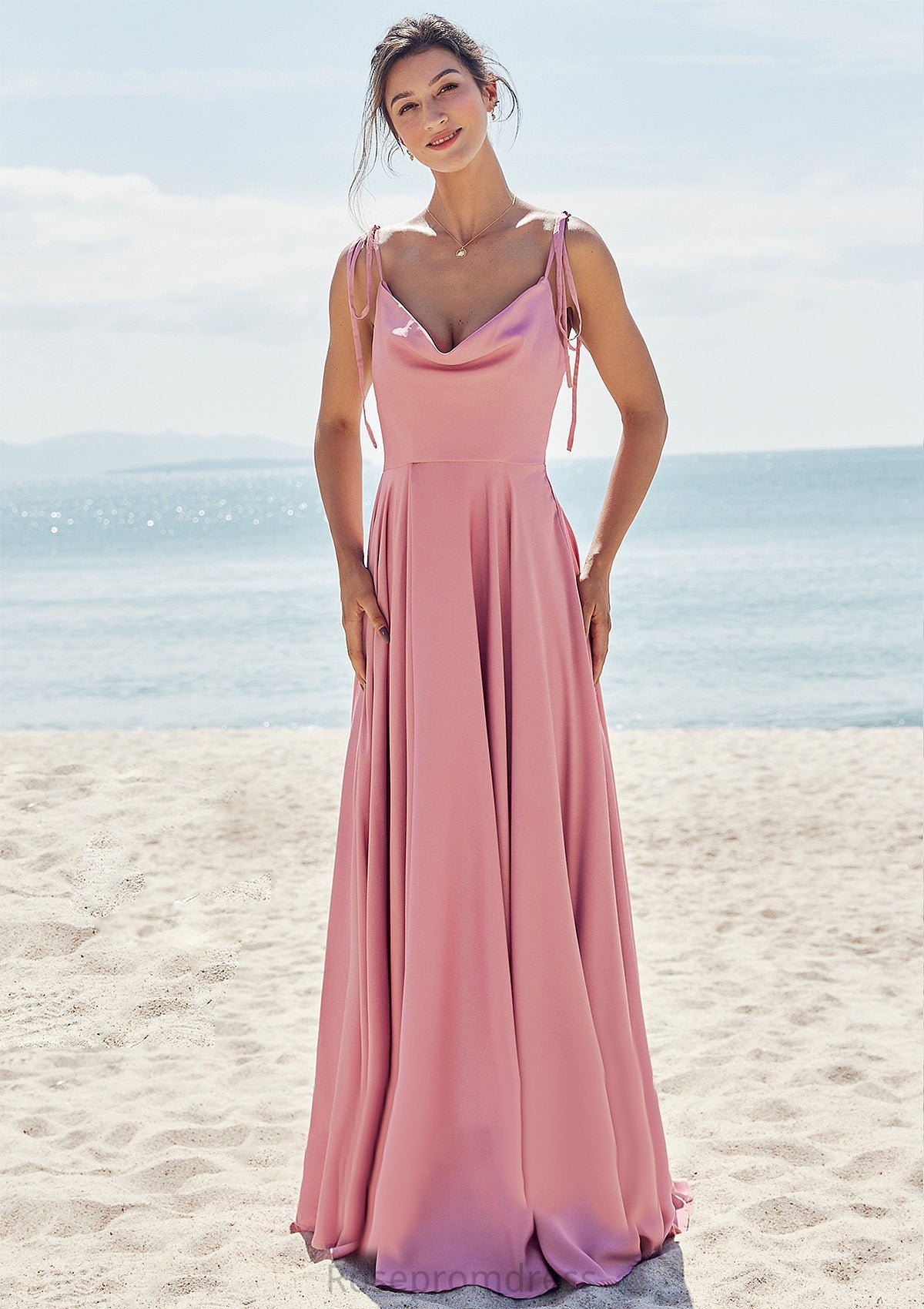 A-line V Neck Sleeveless Floor-Length Stretch Satin Bridesmaid Dresses with Split Liliana SRSP0025247