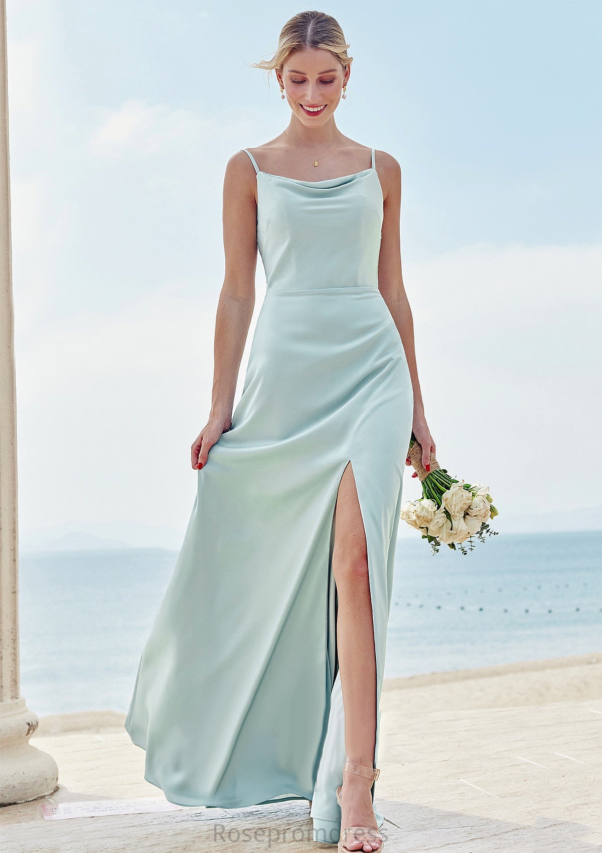 A-line Square Neckline Sleeveless Floor-Length Stretch Satin Bridesmaid Dresses with Split Juliana SRSP0025248