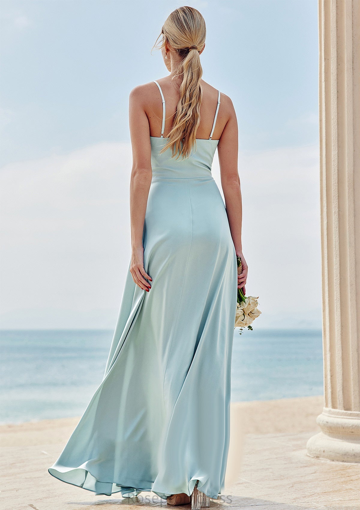 A-line Square Neckline Sleeveless Floor-Length Stretch Satin Bridesmaid Dresses with Split Juliana SRSP0025248