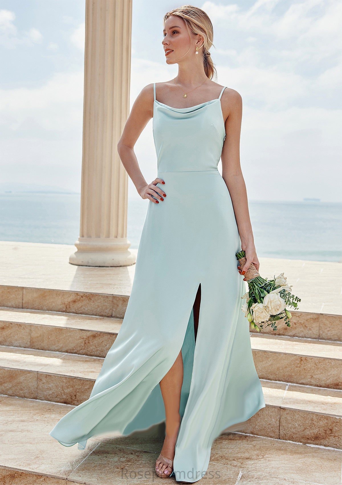 A-line Square Neckline Sleeveless Floor-Length Stretch Satin Bridesmaid Dresses with Split Juliana SRSP0025248