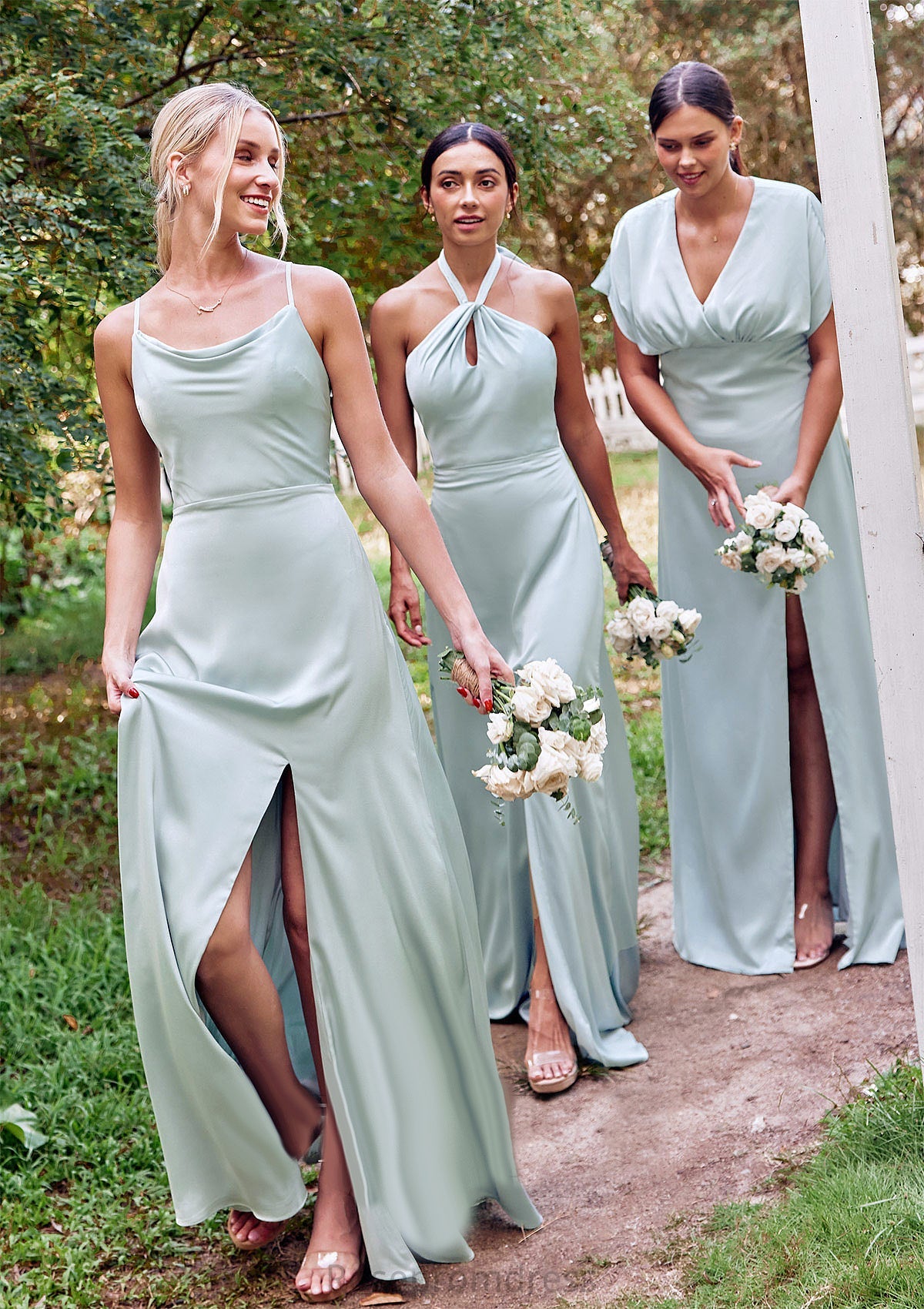 A-line Square Neckline Sleeveless Floor-Length Stretch Satin Bridesmaid Dresses with Split Juliana SRSP0025248