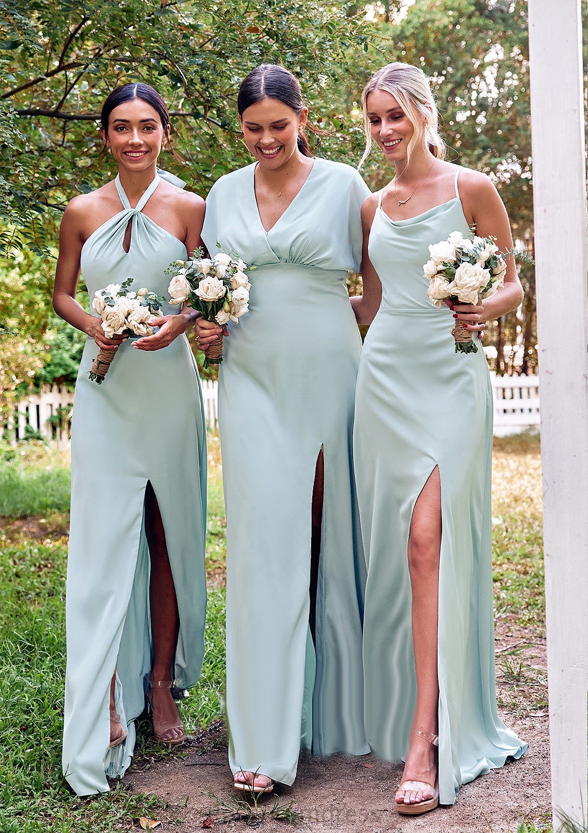 A-line Square Neckline Sleeveless Floor-Length Stretch Satin Bridesmaid Dresses with Split Juliana SRSP0025248