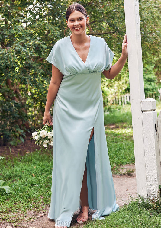 Empire V Neck Short Sleeve Floor-Length Stretch Satin Bridesmaid Dresses with Split Fernanda SRSP0025249