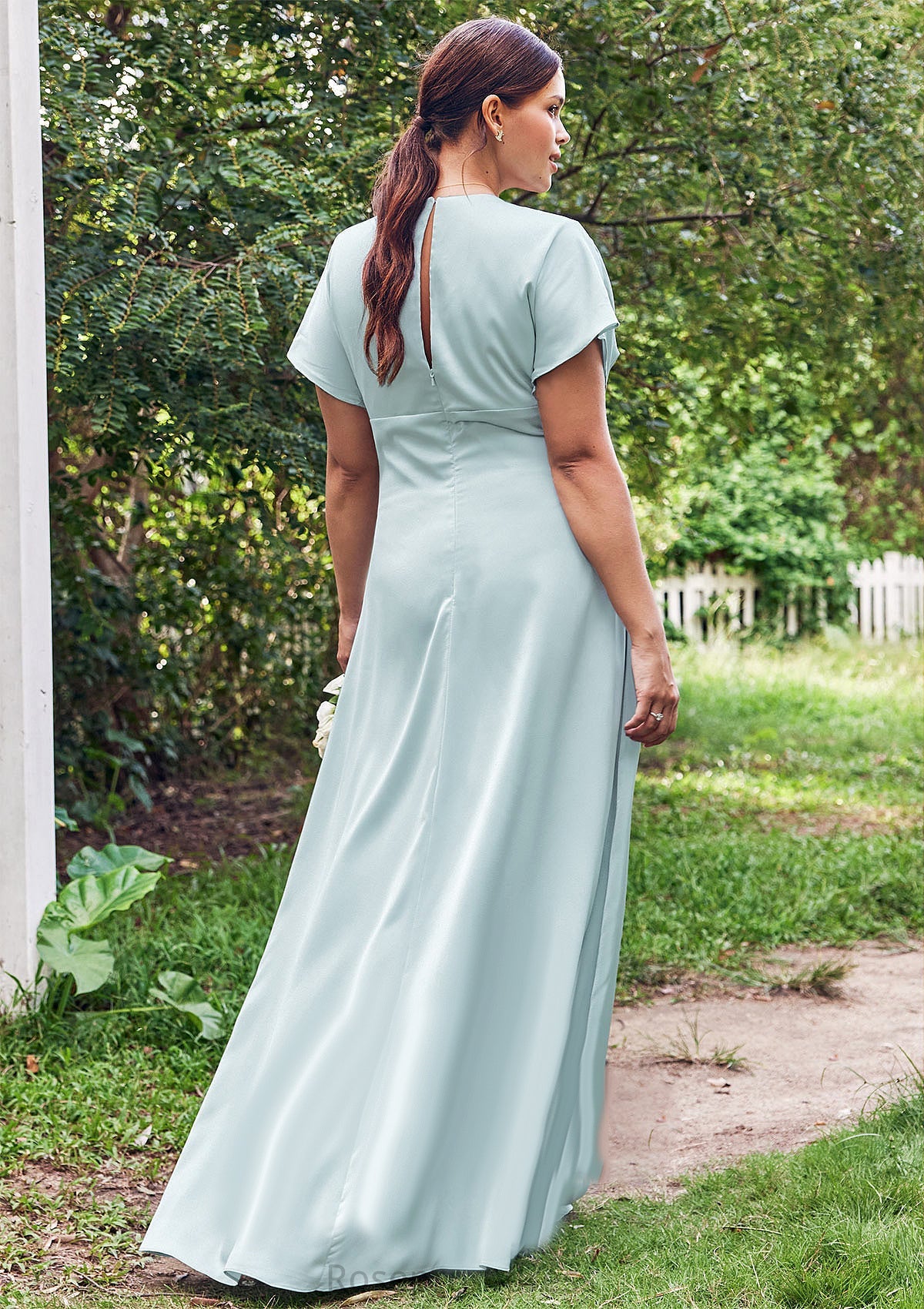 Empire V Neck Short Sleeve Floor-Length Stretch Satin Bridesmaid Dresses with Split Fernanda SRSP0025249