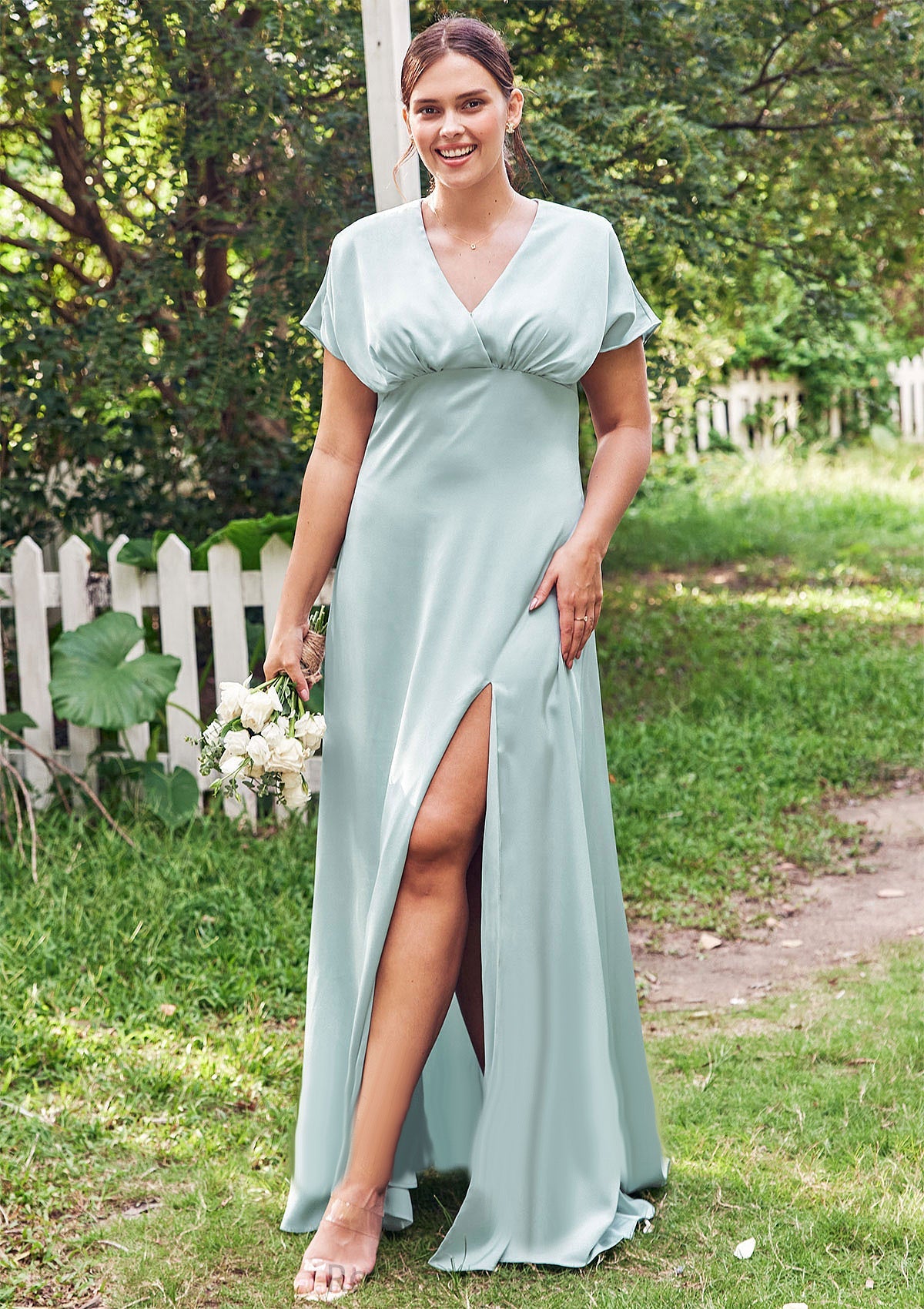 Empire V Neck Short Sleeve Floor-Length Stretch Satin Bridesmaid Dresses with Split Fernanda SRSP0025249