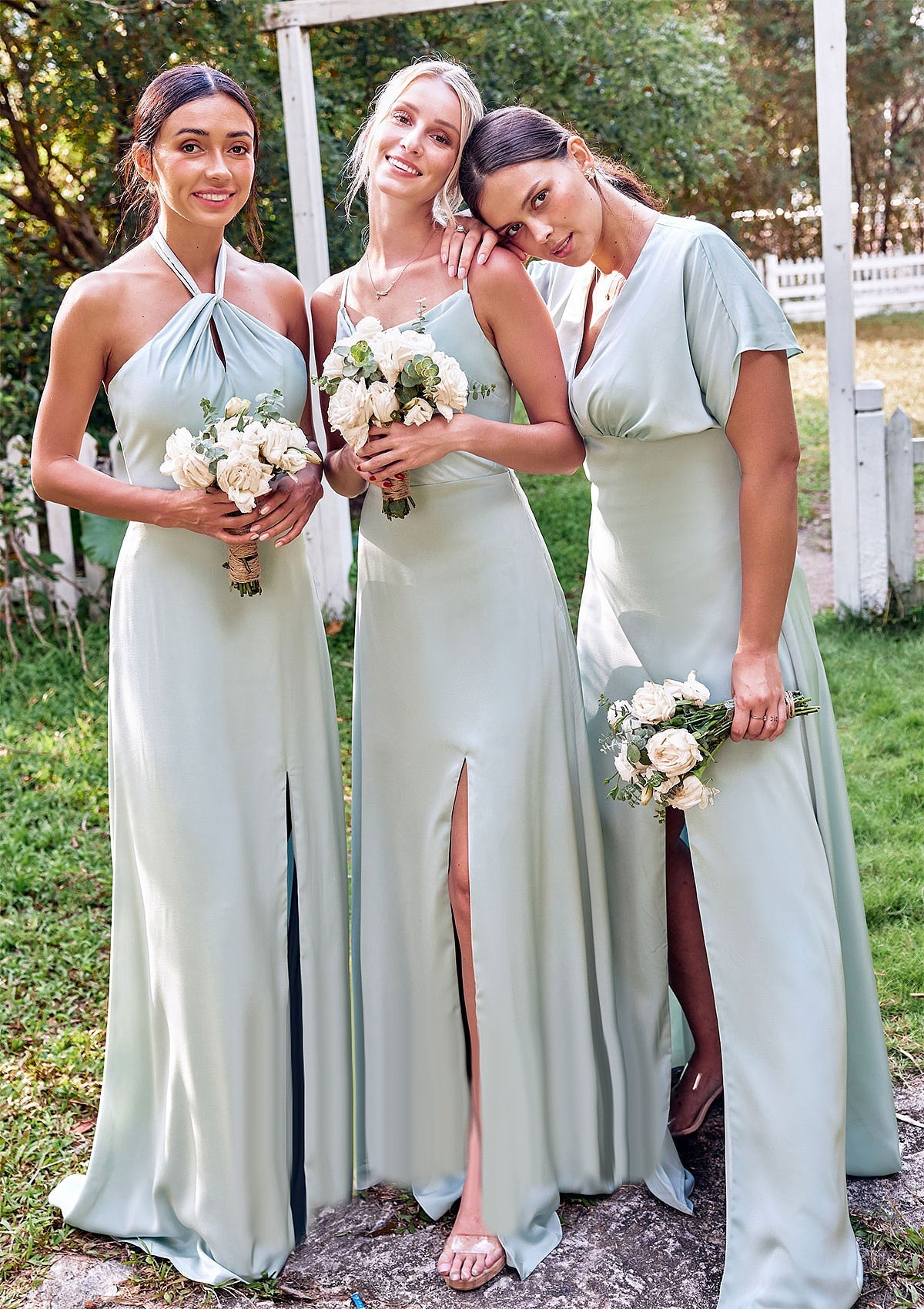 Empire V Neck Short Sleeve Floor-Length Stretch Satin Bridesmaid Dresses with Split Fernanda SRSP0025249