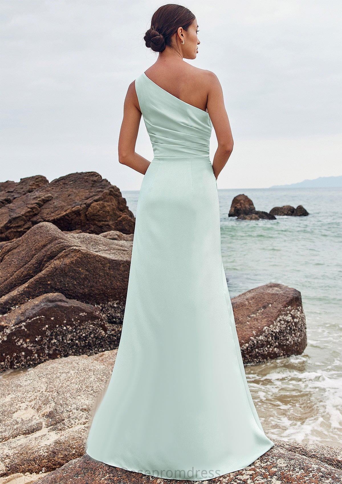 Sheath/Column One-Shoulder Sleeveless Floor-Length Stretch Satin Bridesmaid Dresses with Pleated Split Marley SRSP0025251