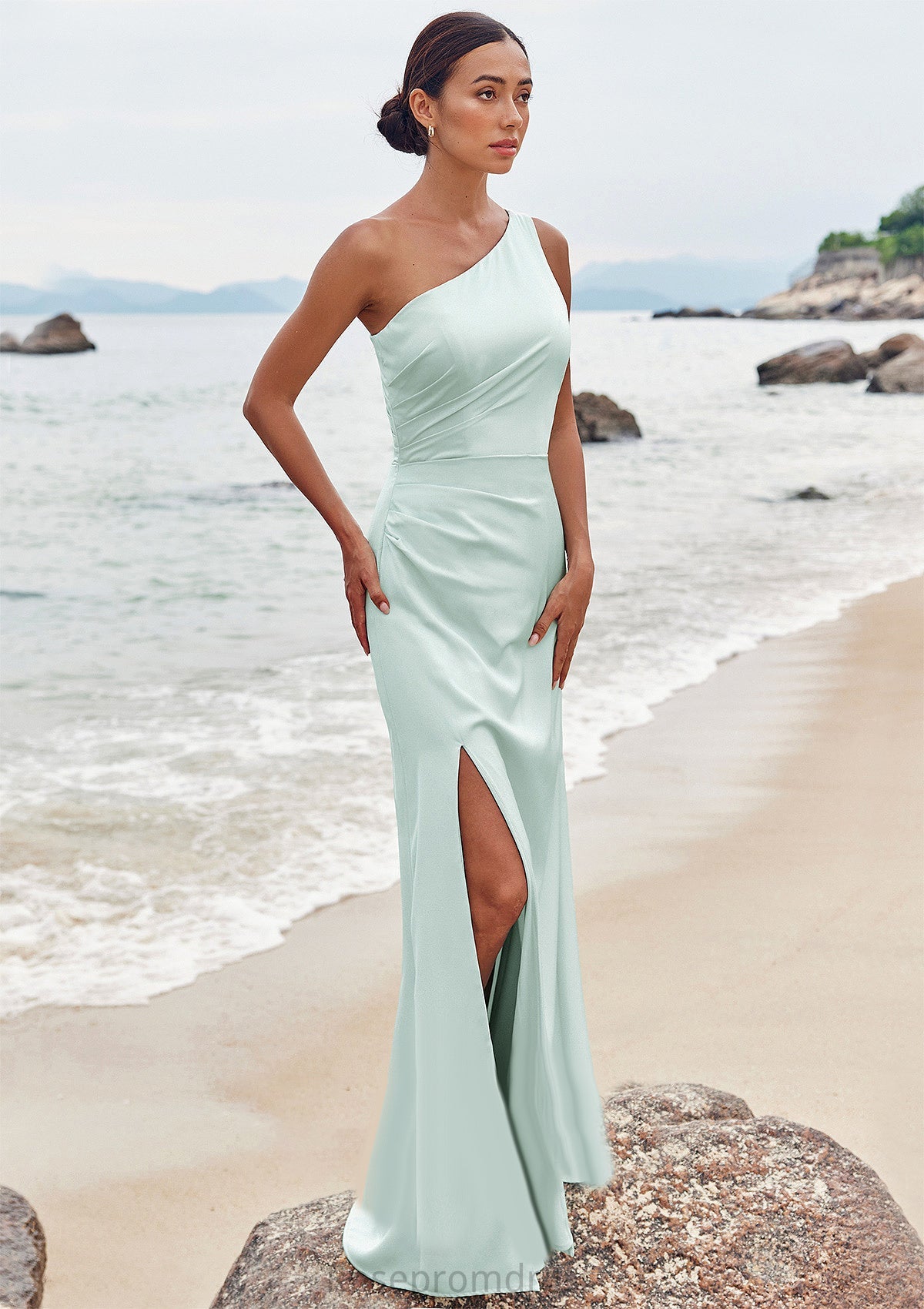 Sheath/Column One-Shoulder Sleeveless Floor-Length Stretch Satin Bridesmaid Dresses with Pleated Split Marley SRSP0025251