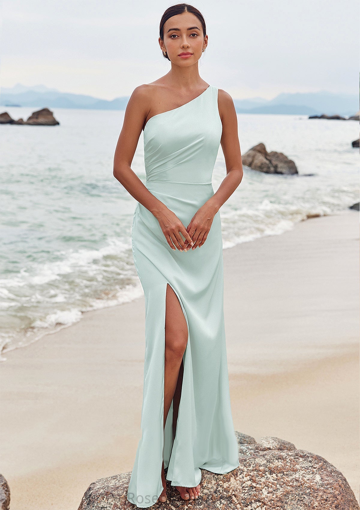 Sheath/Column One-Shoulder Sleeveless Floor-Length Stretch Satin Bridesmaid Dresses with Pleated Split Marley SRSP0025251