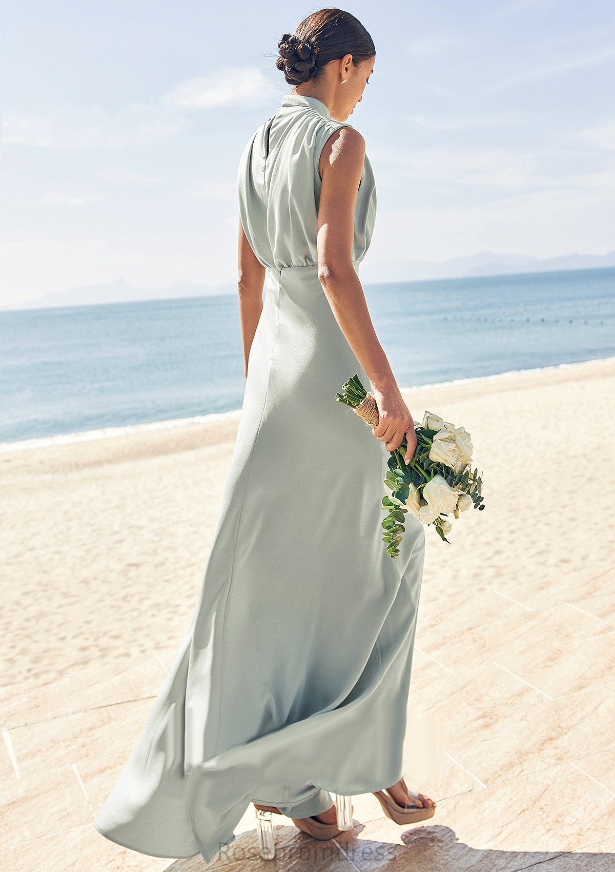 A-line High-Neck Sleeveless Floor-Length Stretch Satin Bridesmaid Dresses Olivia SRSP0025252