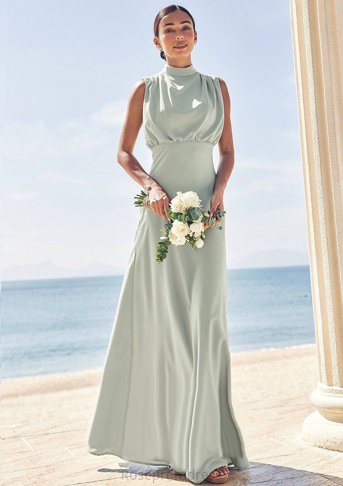 A-line High-Neck Sleeveless Floor-Length Stretch Satin Bridesmaid Dresses Olivia SRSP0025252