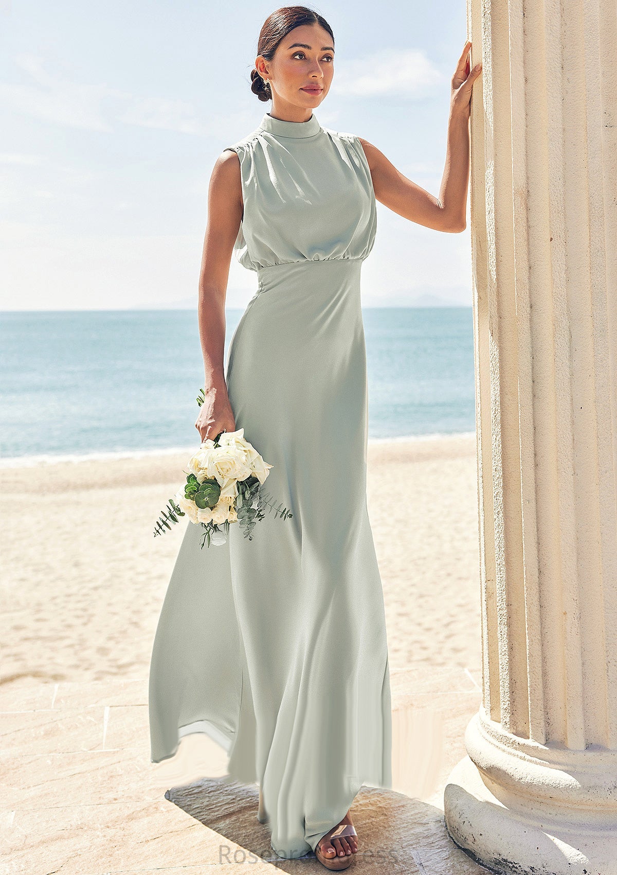 A-line High-Neck Sleeveless Floor-Length Stretch Satin Bridesmaid Dresses Olivia SRSP0025252