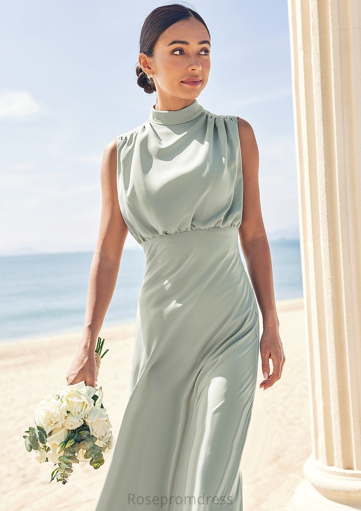 A-line High-Neck Sleeveless Floor-Length Stretch Satin Bridesmaid Dresses Olivia SRSP0025252