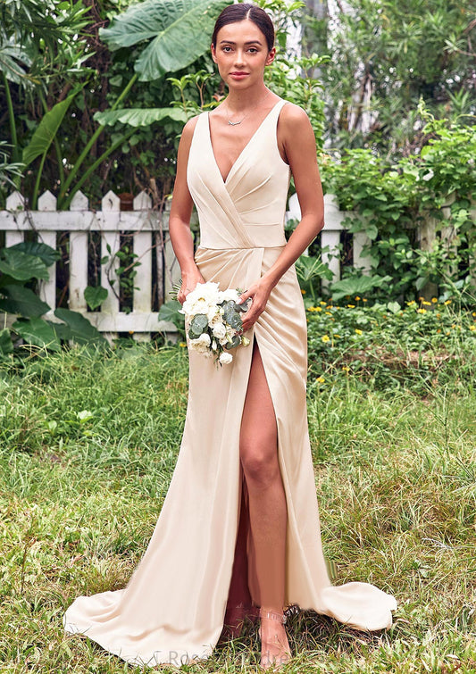 Trumpet/Mermaid V Neck Sleeveless Floor-Length Stretch Satin Bridesmaid Dresses with Pleated Split Daphne SRSP0025255