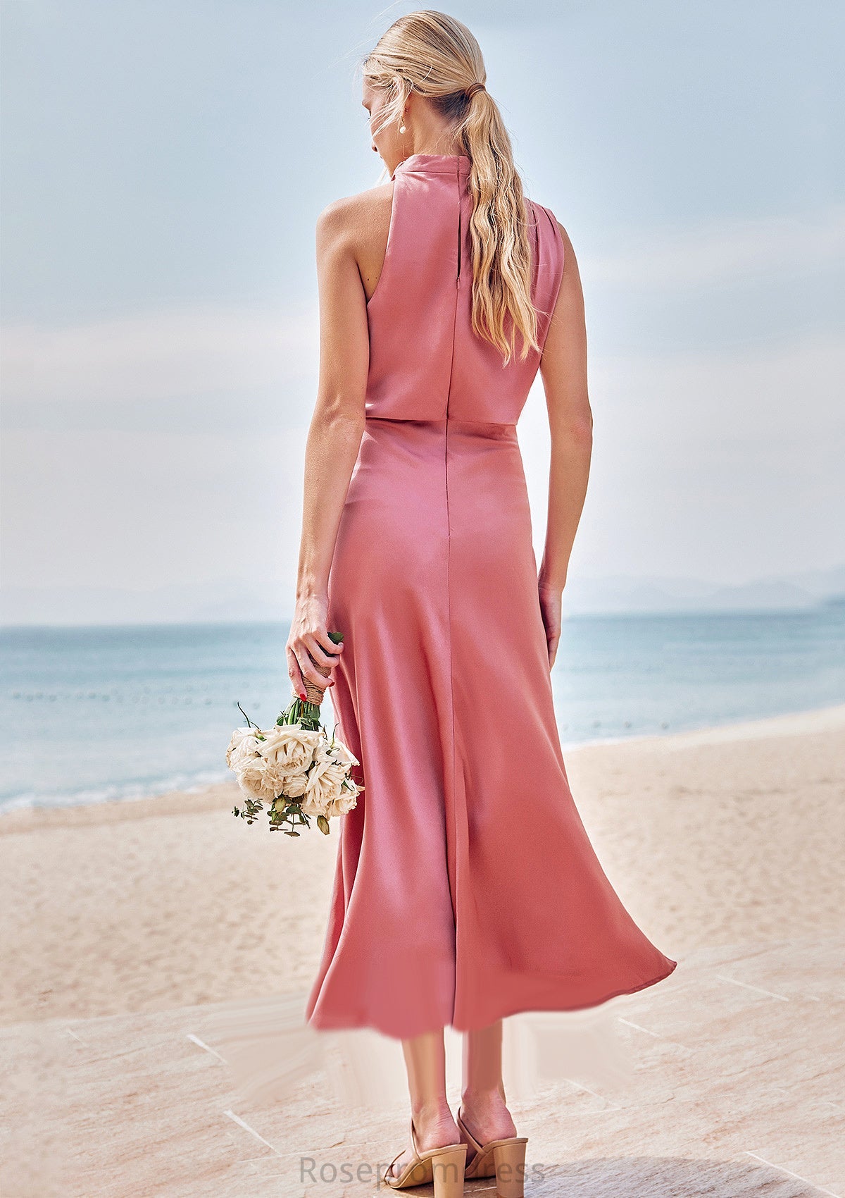 Sheath/Column High-Neck Sleeveless Tea-Length Stretch Satin Bridesmaid Dresses with Pleated Lilliana SRSP0025257