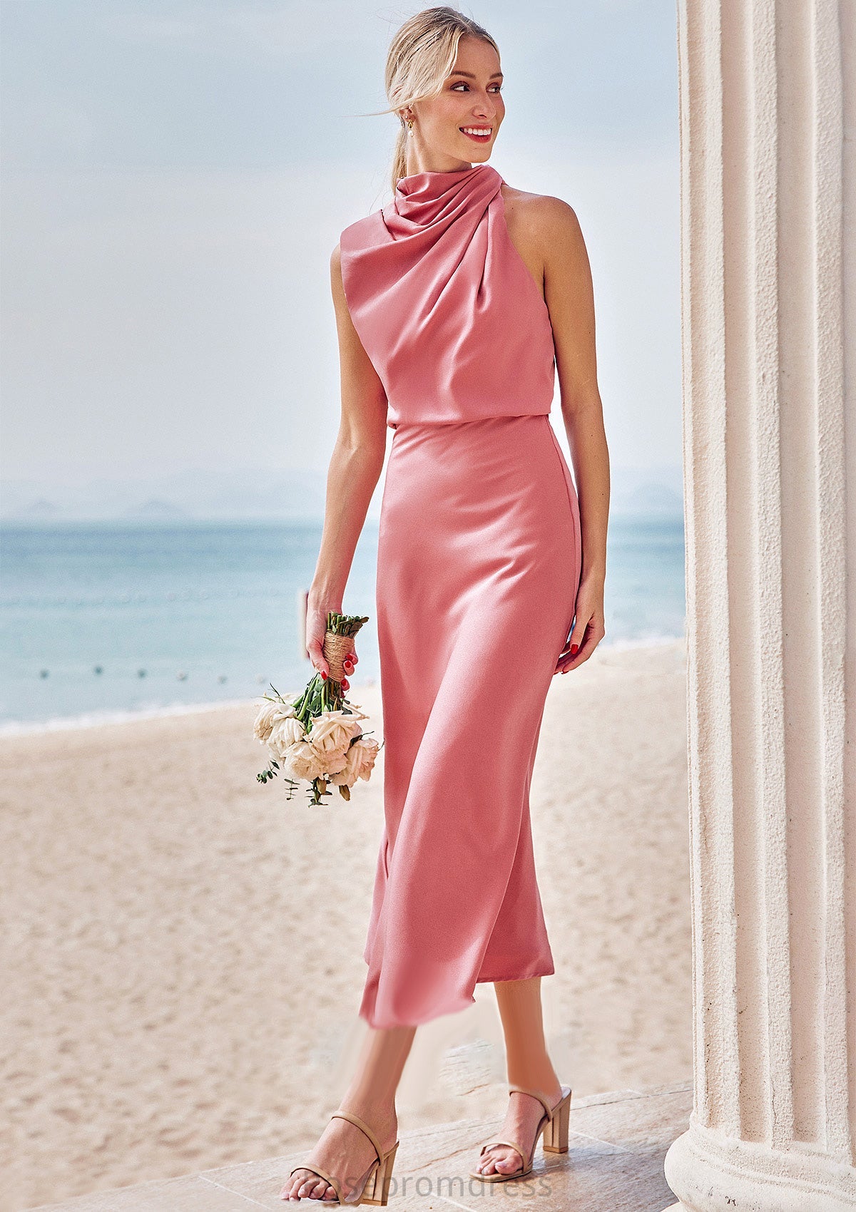 Sheath/Column High-Neck Sleeveless Tea-Length Stretch Satin Bridesmaid Dresses with Pleated Lilliana SRSP0025257