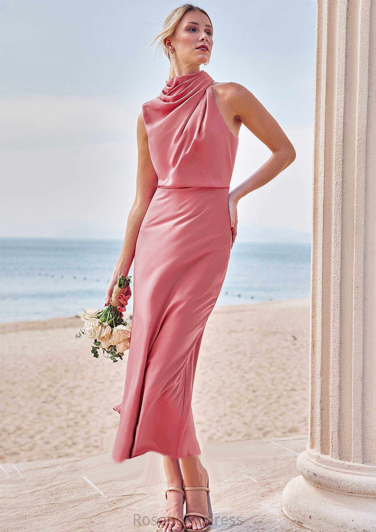 Sheath/Column High-Neck Sleeveless Tea-Length Stretch Satin Bridesmaid Dresses with Pleated Lilliana SRSP0025257