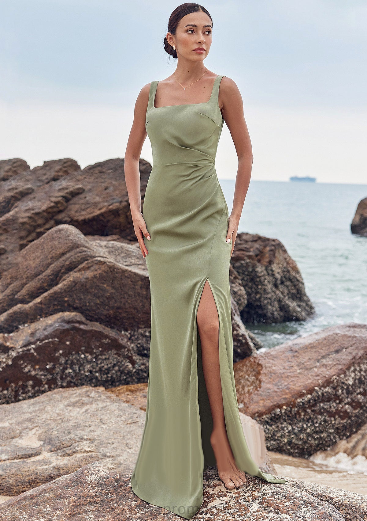 Sheath/Column Square Neckline Sleeveless Floor-Length Stretch Satin Bridesmaid Dresses with Pleated Split Salma SRSP0025258