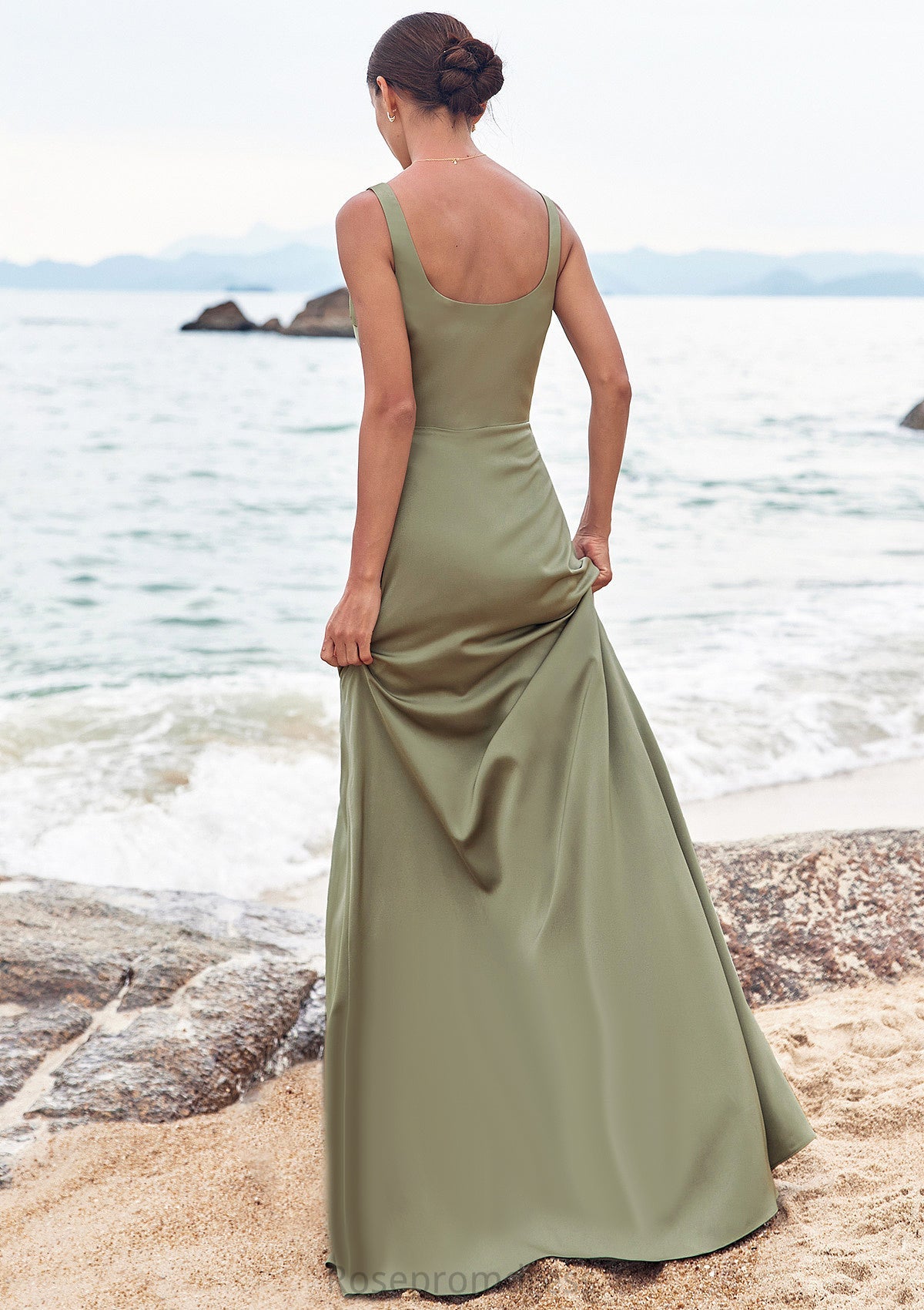 Sheath/Column Square Neckline Sleeveless Floor-Length Stretch Satin Bridesmaid Dresses with Pleated Split Salma SRSP0025258