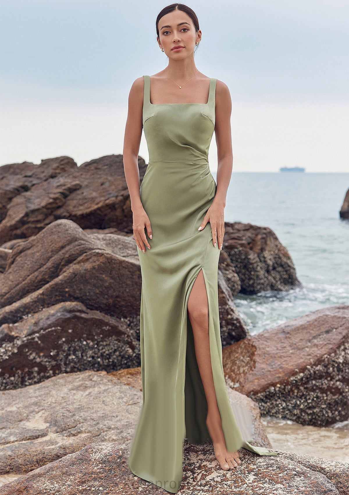 Sheath/Column Square Neckline Sleeveless Floor-Length Stretch Satin Bridesmaid Dresses with Pleated Split Salma SRSP0025258