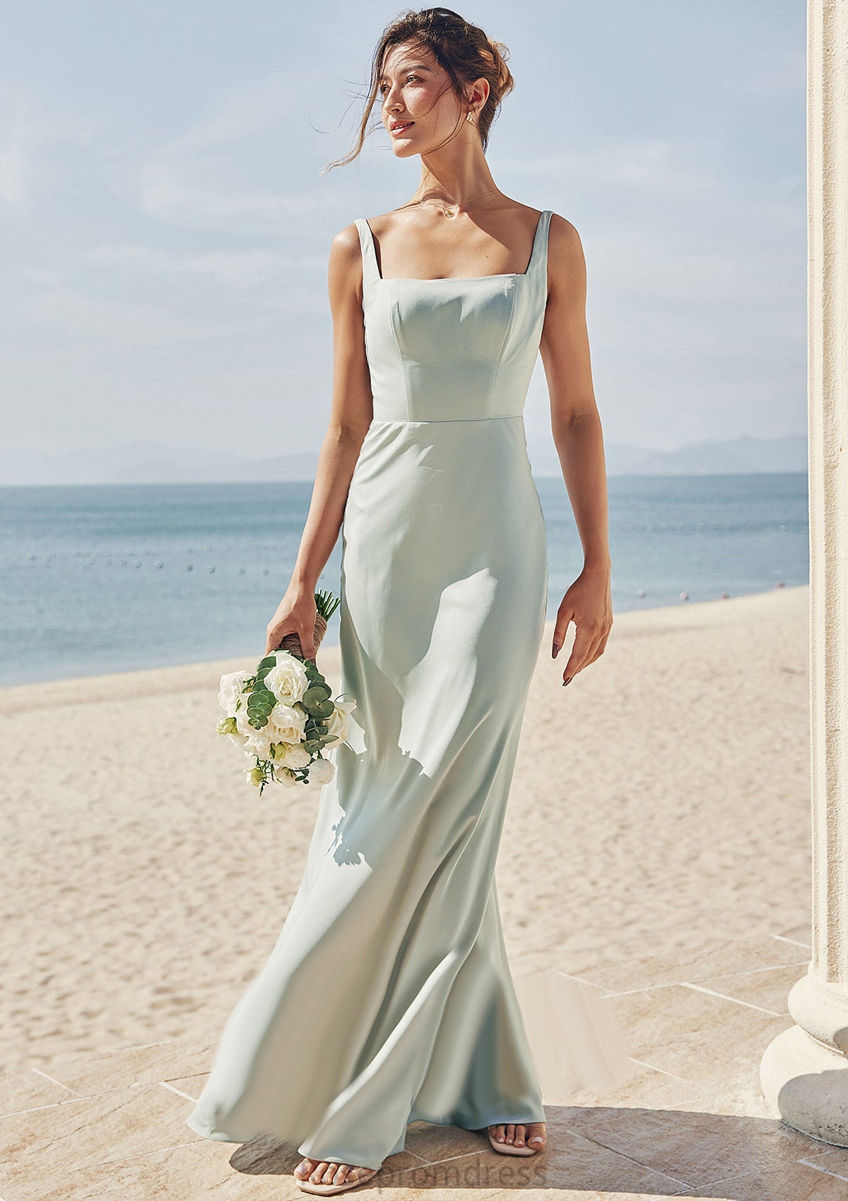 Sheath/Column Square Neckline Sleeveless Floor-Length Stretch Satin Bridesmaid Dresses Millie SRSP0025262