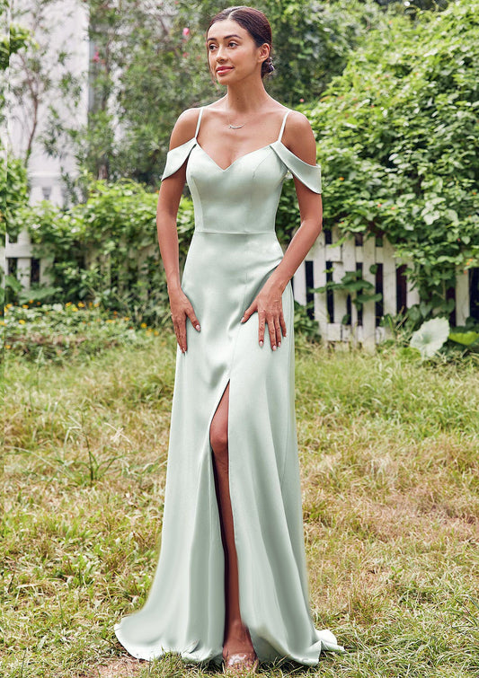 A-line V Neck Sleeveless Floor-Length Stretch Satin Bridesmaid Dresses with Split Nancy SRSP0025263