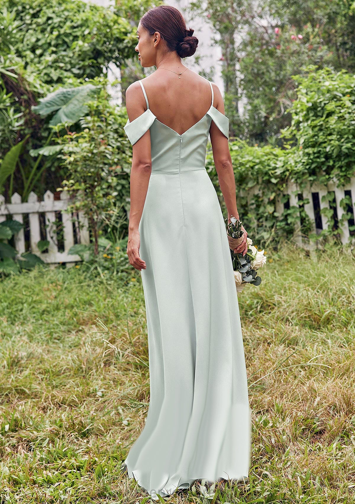 A-line V Neck Sleeveless Floor-Length Stretch Satin Bridesmaid Dresses with Split Nancy SRSP0025263