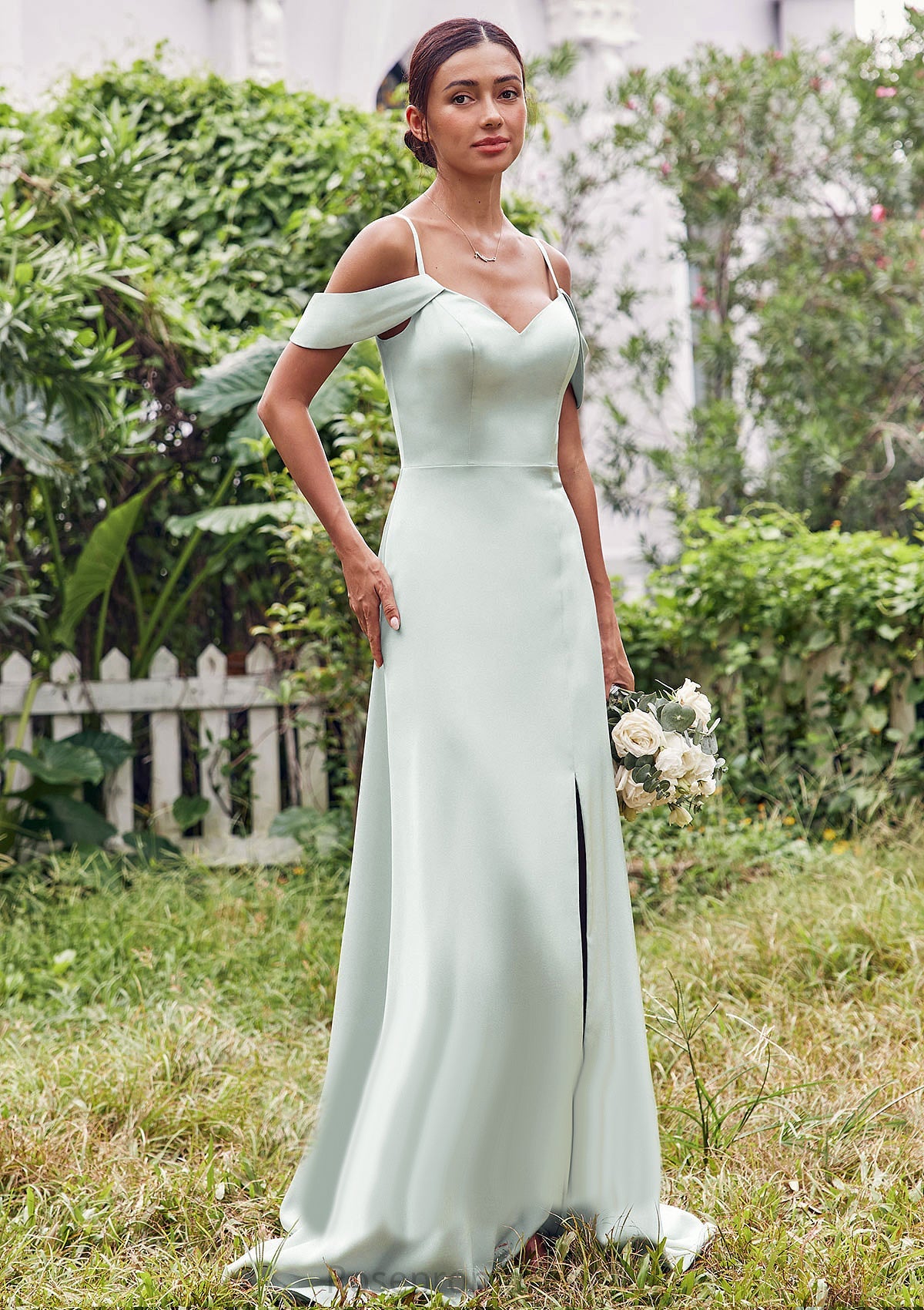 A-line V Neck Sleeveless Floor-Length Stretch Satin Bridesmaid Dresses with Split Nancy SRSP0025263