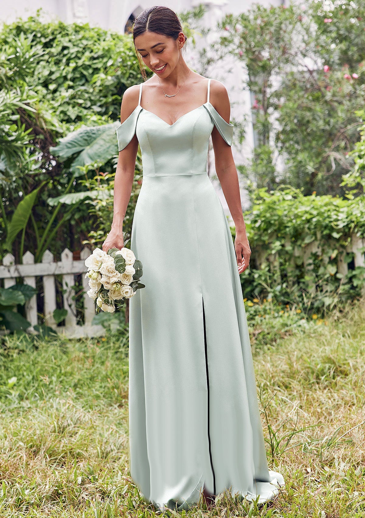 A-line V Neck Sleeveless Floor-Length Stretch Satin Bridesmaid Dresses with Split Nancy SRSP0025263