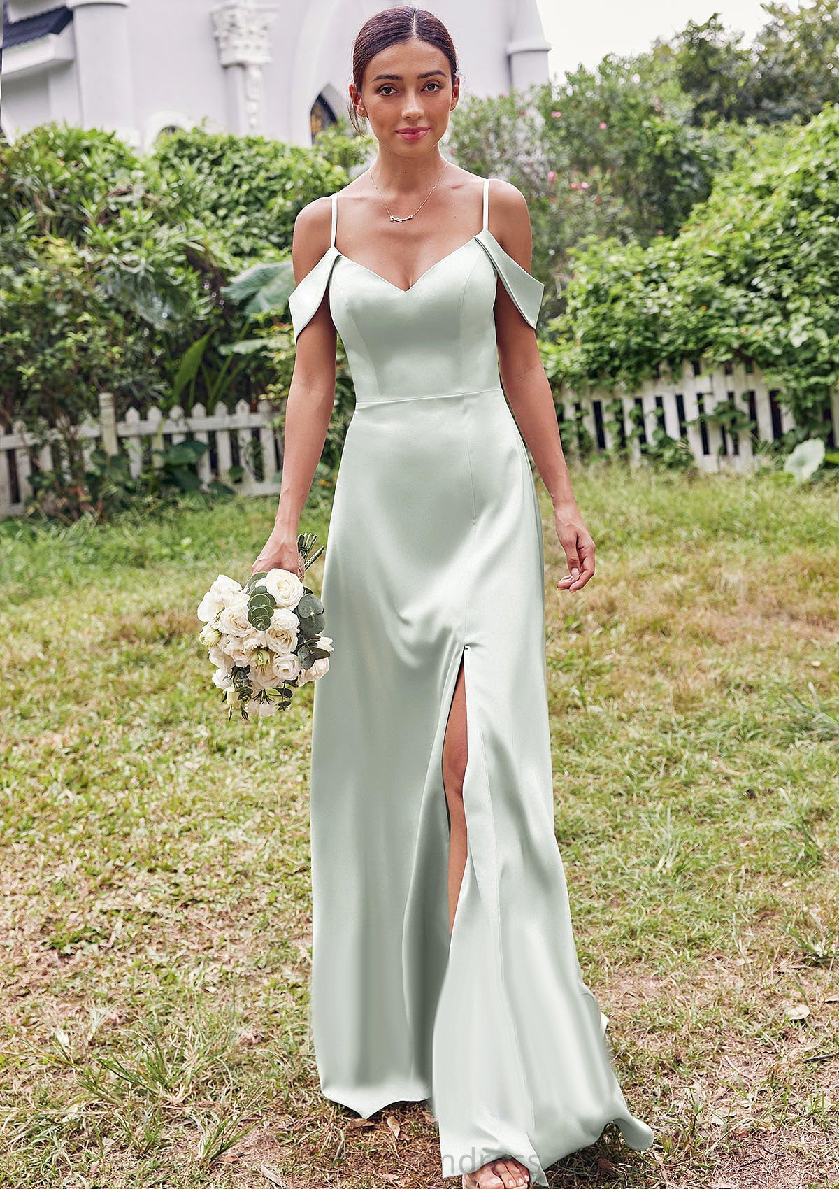 A-line V Neck Sleeveless Floor-Length Stretch Satin Bridesmaid Dresses with Split Nancy SRSP0025263