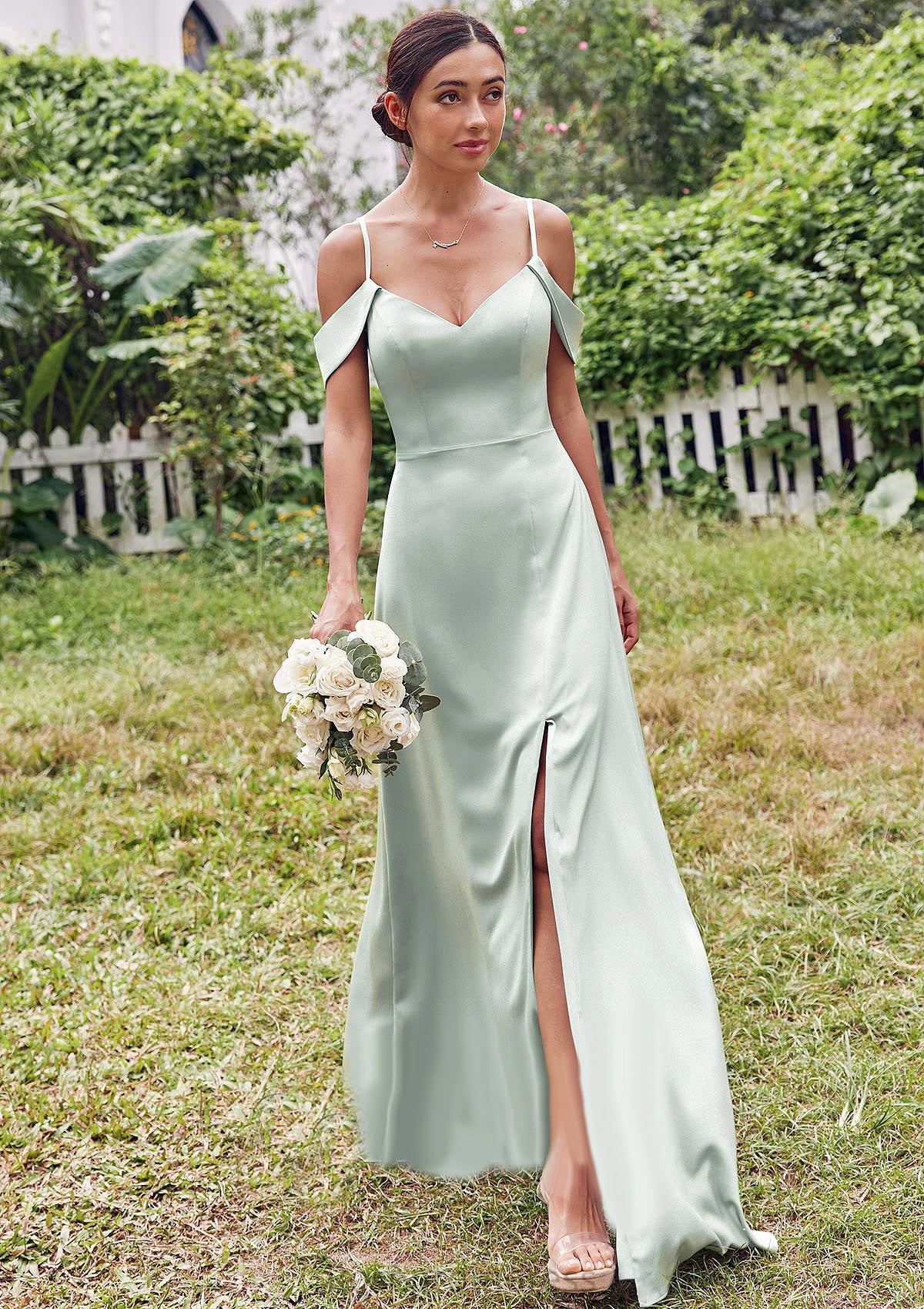 A-line V Neck Sleeveless Floor-Length Stretch Satin Bridesmaid Dresses with Split Nancy SRSP0025263