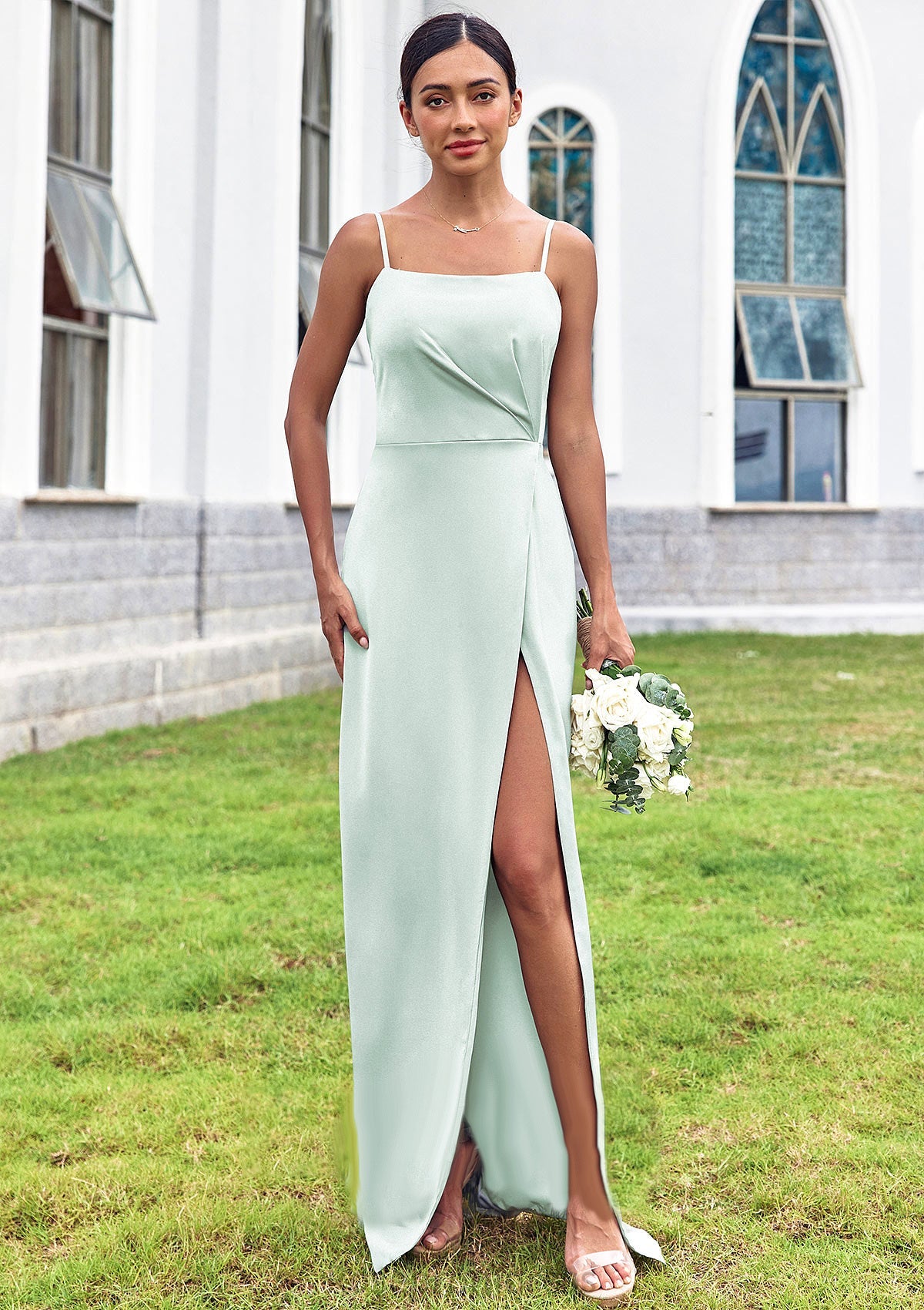 Sheath/Column Square Neckline Sleeveless Floor-Length Stretch Satin Bridesmaid Dresses with Pleated Split Ariel SRSP0025264