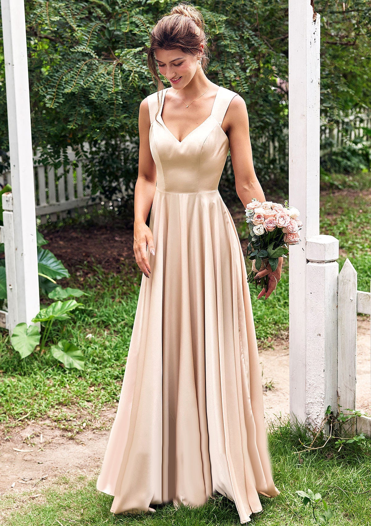 A-line V Neck Sleeveless Floor-Length Stretch Satin Bridesmaid Dresses with Pleated Azul SRSP0025266