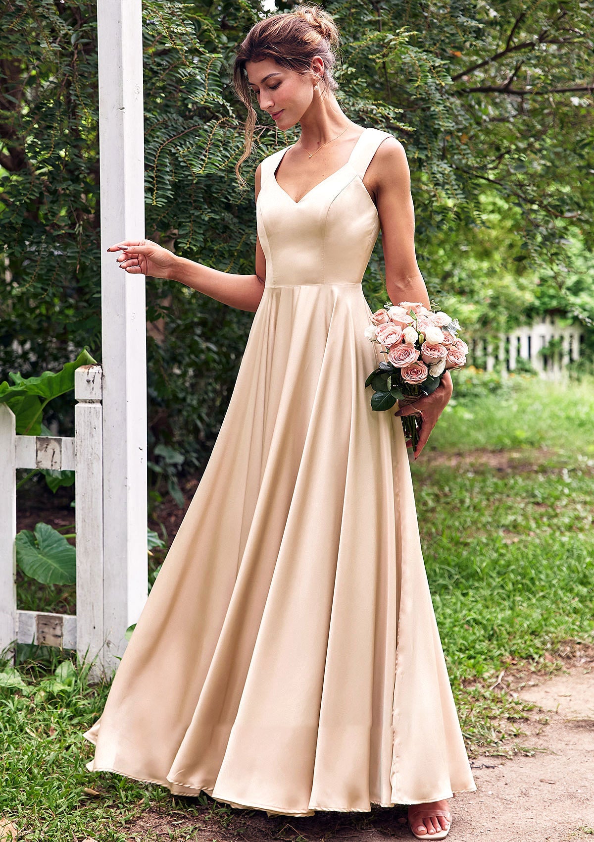 A-line V Neck Sleeveless Floor-Length Stretch Satin Bridesmaid Dresses with Pleated Azul SRSP0025266