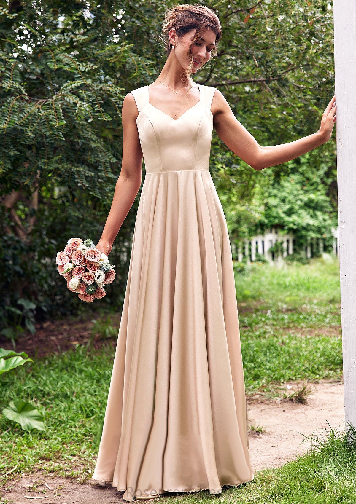 A-line V Neck Sleeveless Floor-Length Stretch Satin Bridesmaid Dresses with Pleated Azul SRSP0025266