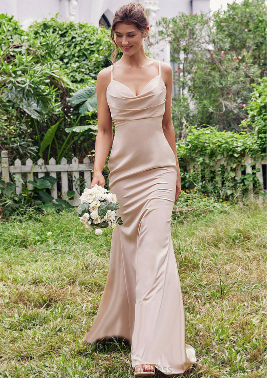 Sheath/Column V Neck Sleeveless Floor-Length Stretch Satin Bridesmaid Dresses with Pleated Simone SRSP0025267