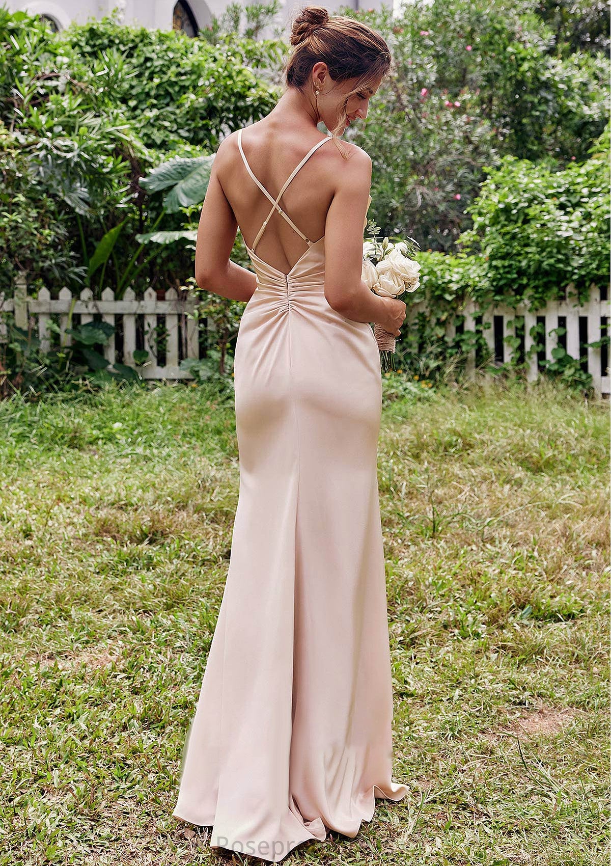 Sheath/Column V Neck Sleeveless Floor-Length Stretch Satin Bridesmaid Dresses with Pleated Simone SRSP0025267