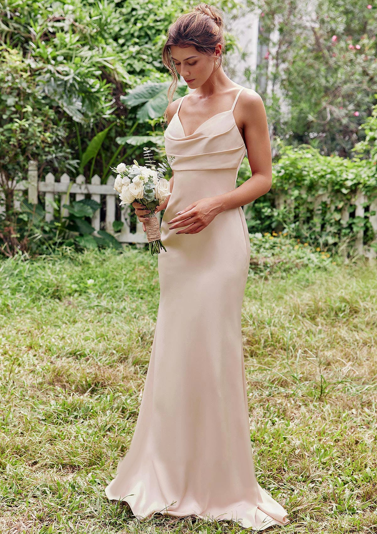 Sheath/Column V Neck Sleeveless Floor-Length Stretch Satin Bridesmaid Dresses with Pleated Simone SRSP0025267