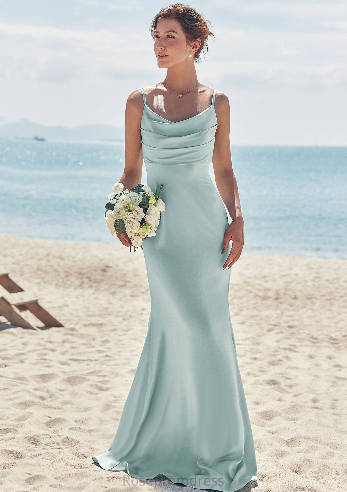 Sheath/Column V Neck Sleeveless Floor-Length Stretch Satin Bridesmaid Dresses with Pleated Millie SRSP0025268