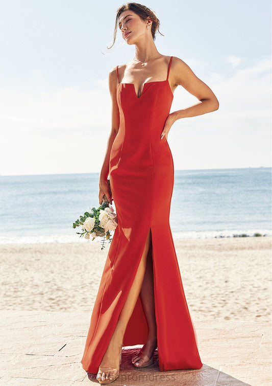 Trumpet/Mermaid V Neck Sleeveless Floor-Length Stretch Crepe Bridesmaid Dresses with Split Jaslyn SRSP0025269