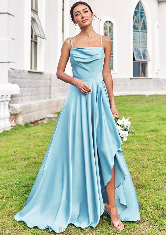 A-line Cowl Neck Sleeveless Floor-Length Stretch Satin Bridesmaid Dresses with Pleated Ruffles Split Nova SRSP0025270