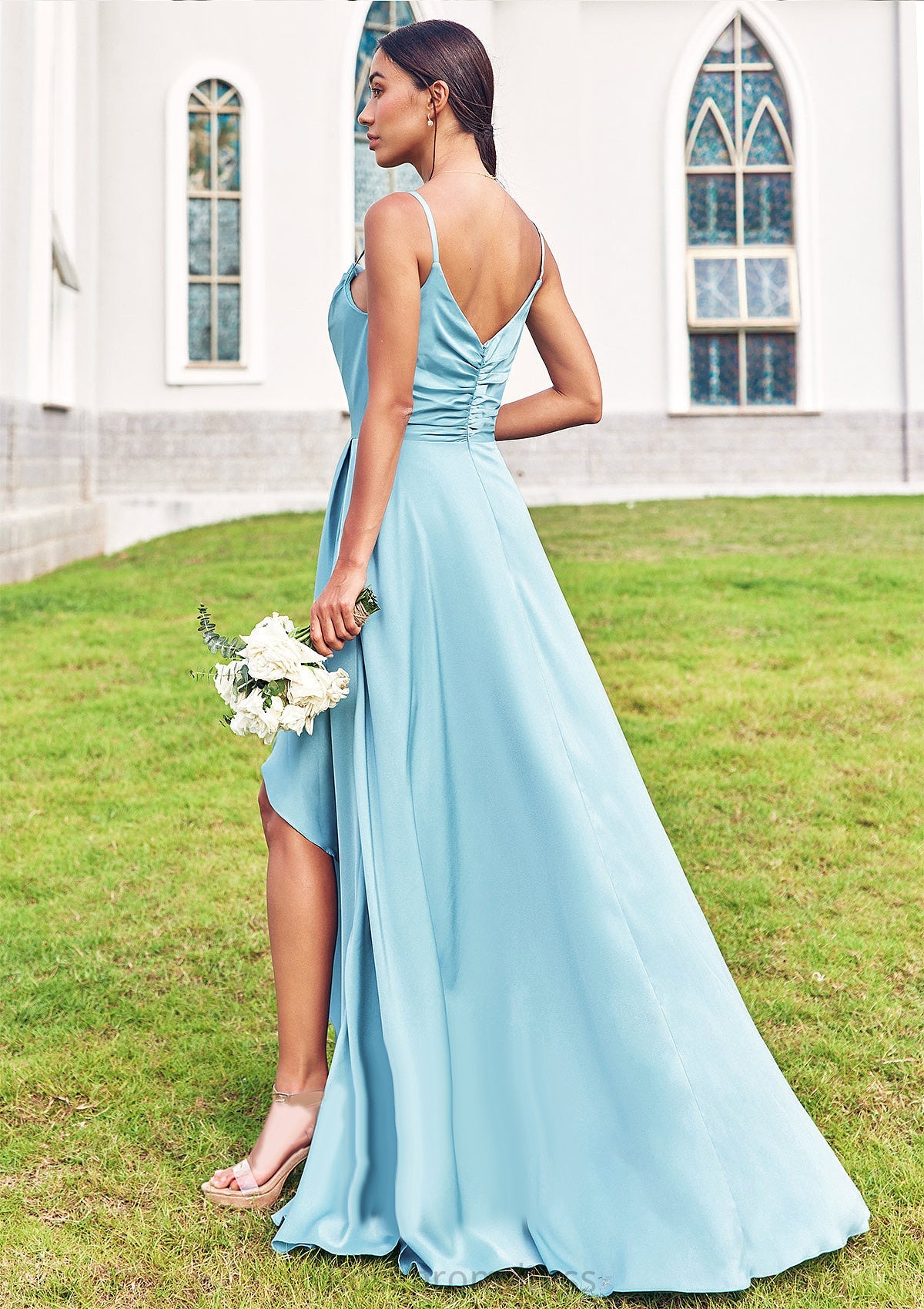 A-line Cowl Neck Sleeveless Floor-Length Stretch Satin Bridesmaid Dresses with Pleated Ruffles Split Nova SRSP0025270