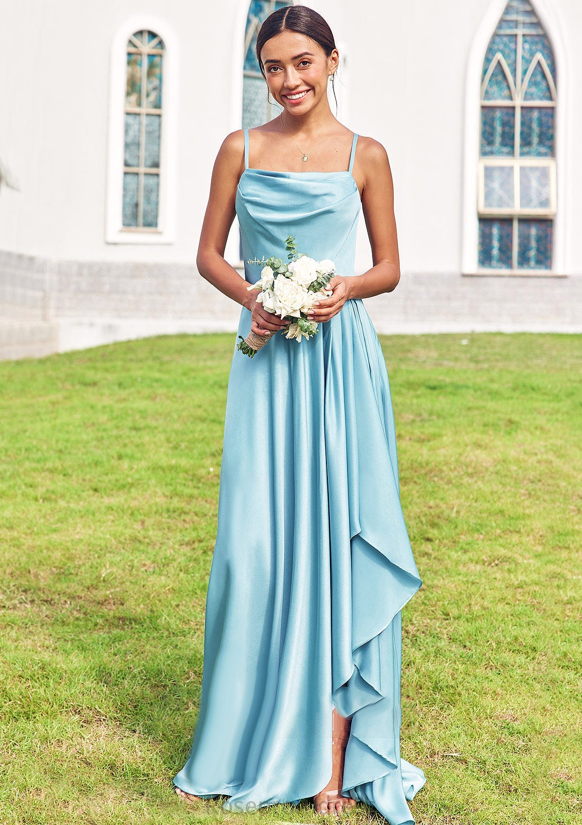 A-line Cowl Neck Sleeveless Floor-Length Stretch Satin Bridesmaid Dresses with Pleated Ruffles Split Nova SRSP0025270