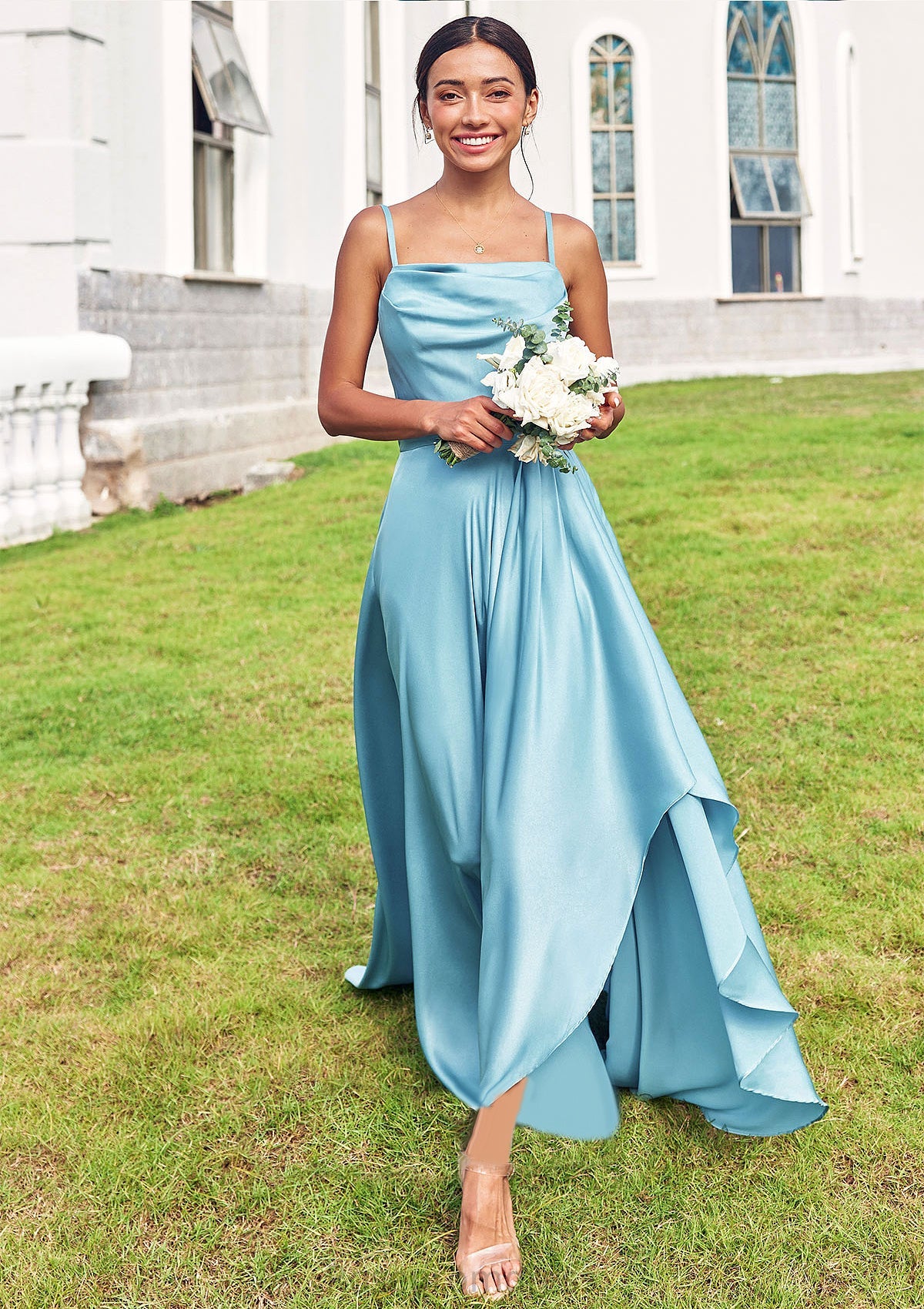 A-line Cowl Neck Sleeveless Floor-Length Stretch Satin Bridesmaid Dresses with Pleated Ruffles Split Nova SRSP0025270