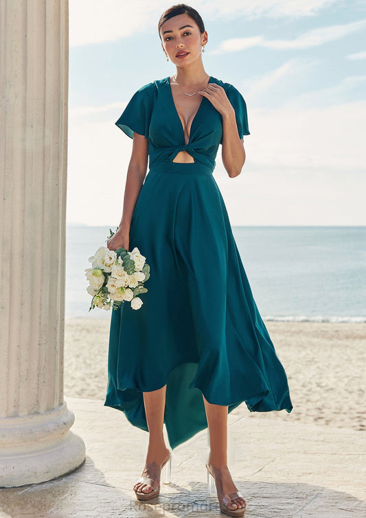 A-line V Neck Short Sleeve Asymmetrical Stretch Satin Bridesmaid Dresses with Bowknot Sashes Tania SRSP0025272