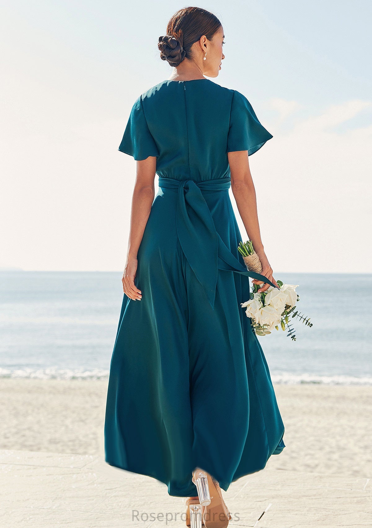 A-line V Neck Short Sleeve Asymmetrical Stretch Satin Bridesmaid Dresses with Bowknot Sashes Tania SRSP0025272