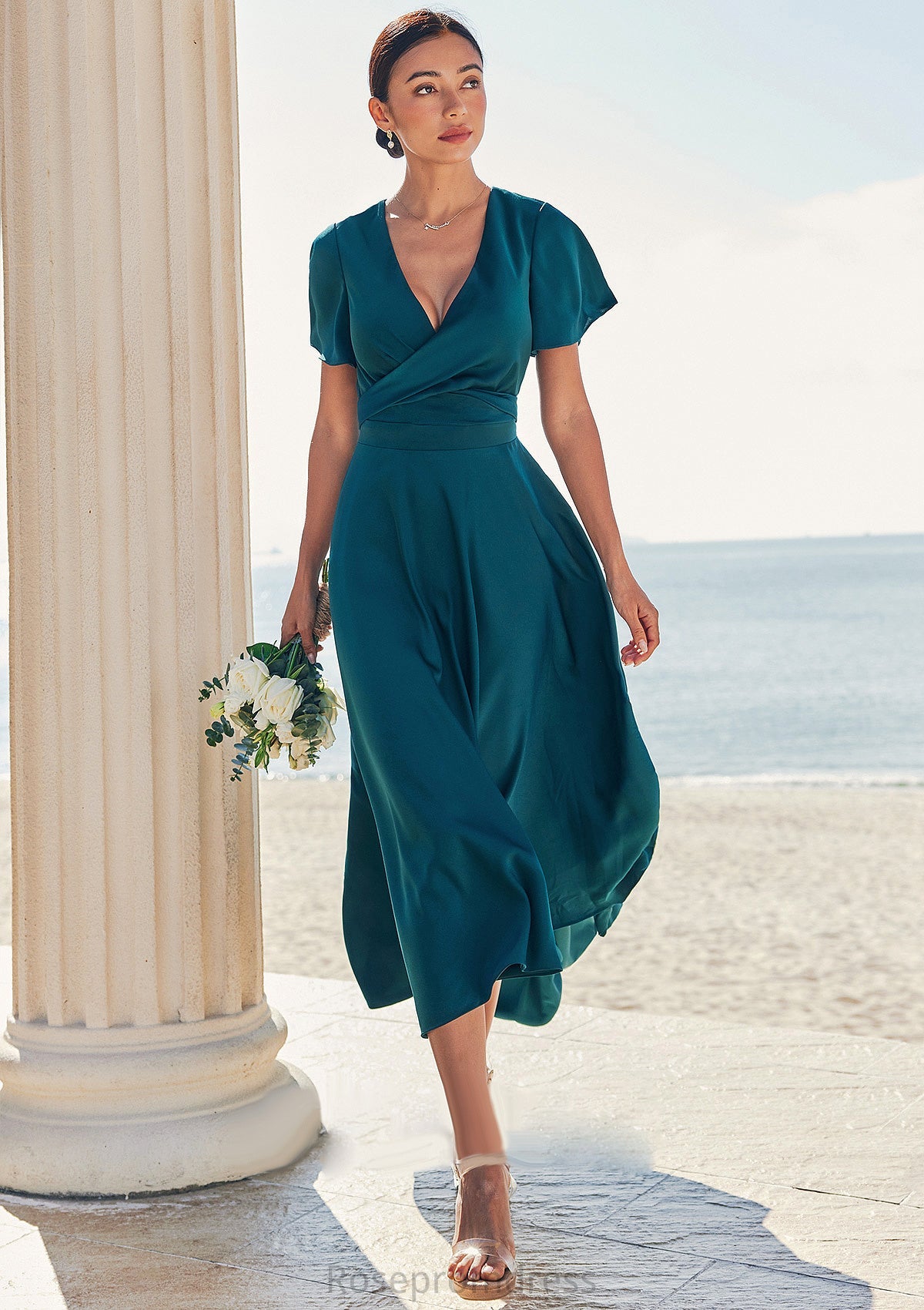 A-line V Neck Short Sleeve Asymmetrical Stretch Satin Bridesmaid Dresses with Bowknot Sashes Tania SRSP0025272